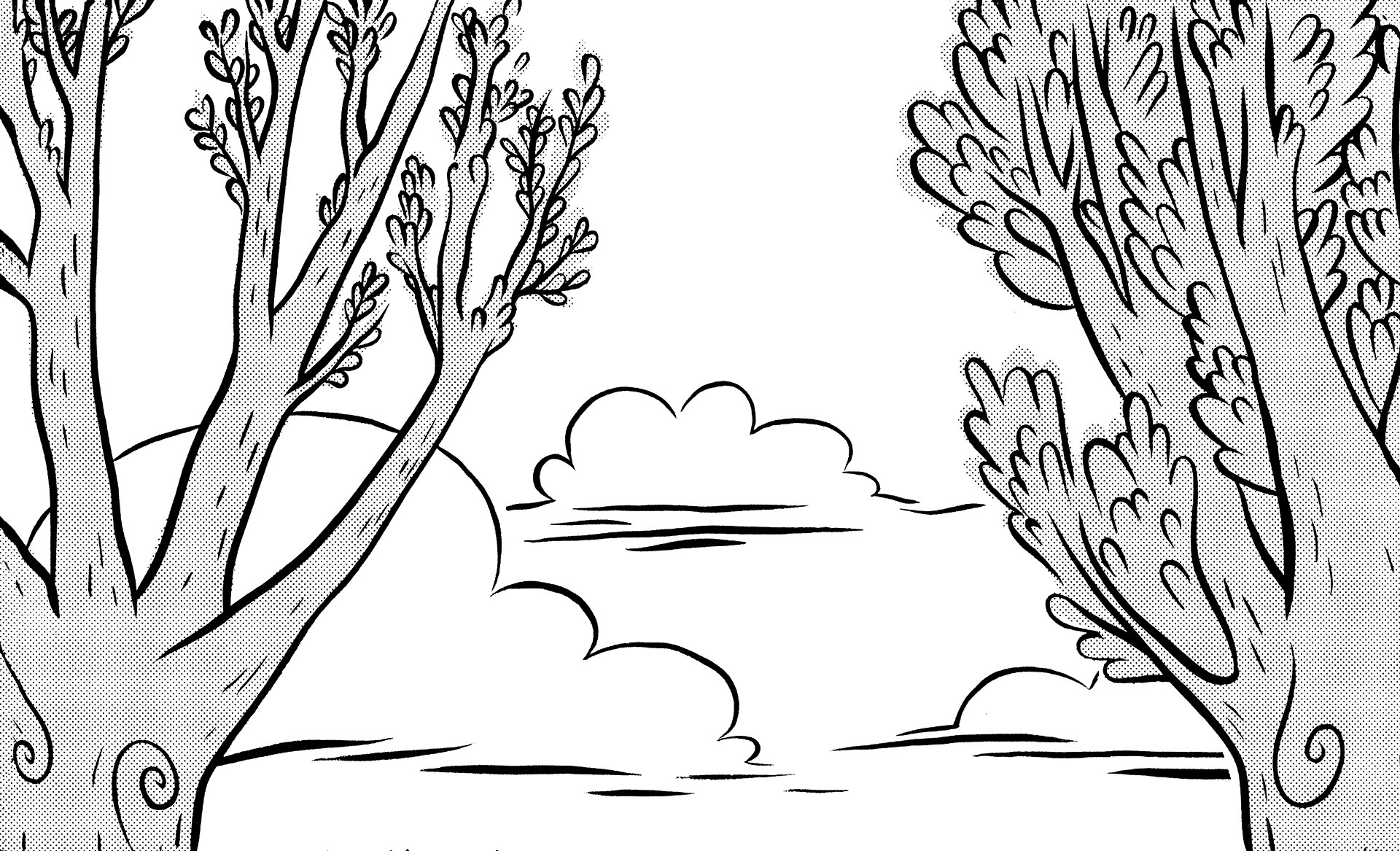 black and white forest scene