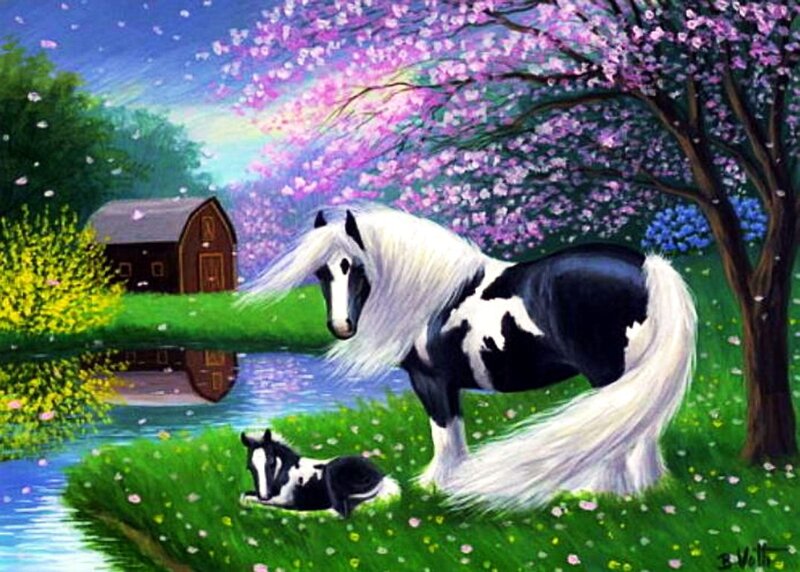 Black and White Horse — Green, Serene, Spring