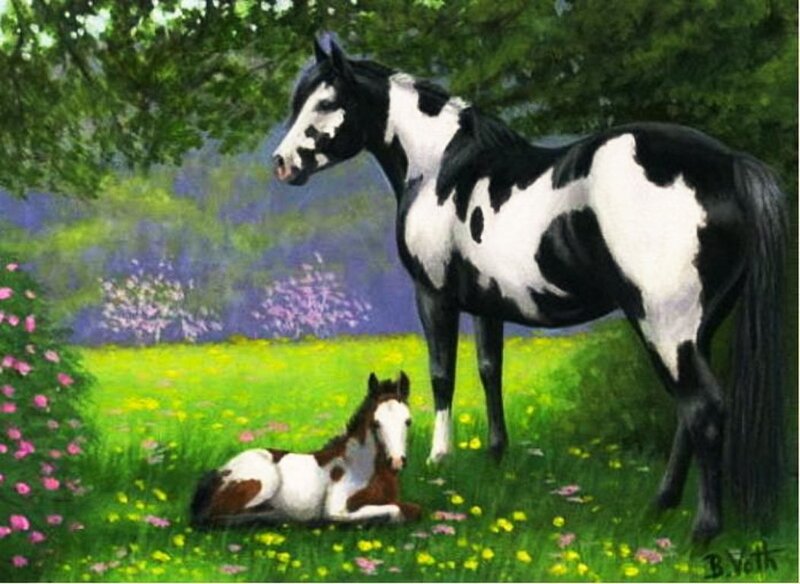 Black and White Horse with Foal — Green