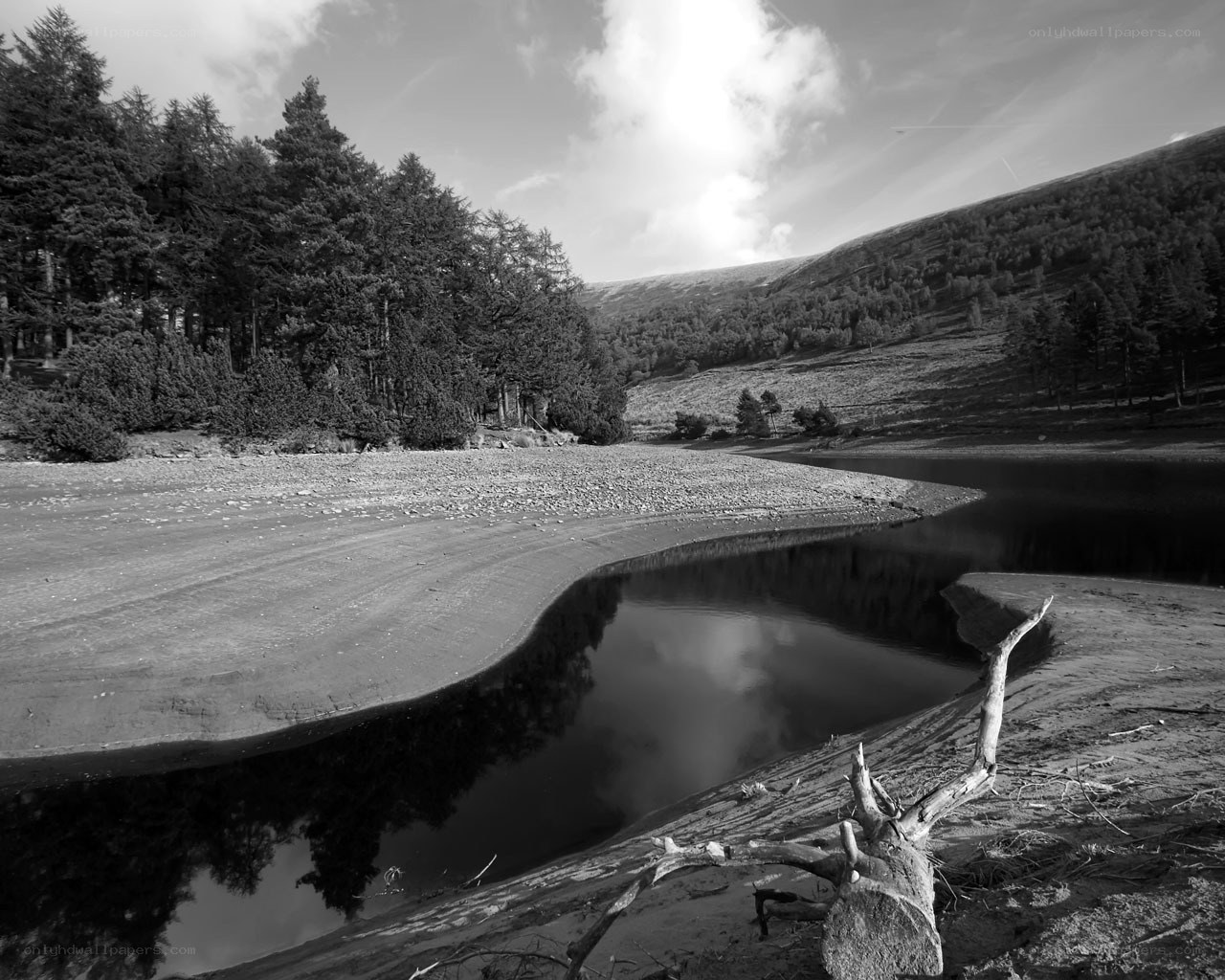 Black and white landscape with river