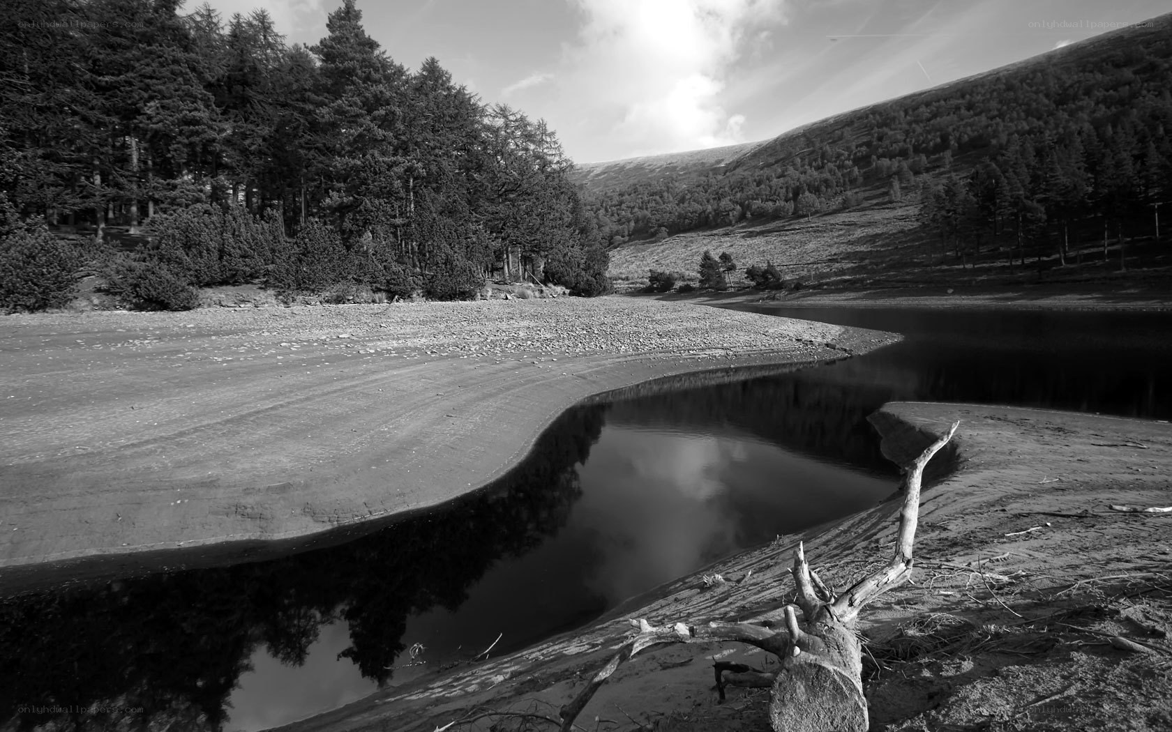 Black and white landscape with river