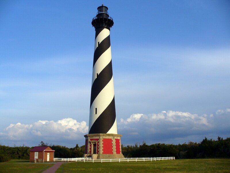 Black and White Lighthouse — Blue, Serene, Afternoon