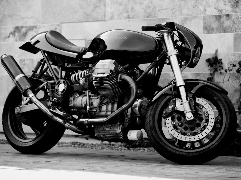 Black and White Motorcycle — Dramatic, Photograph, Brick Wall