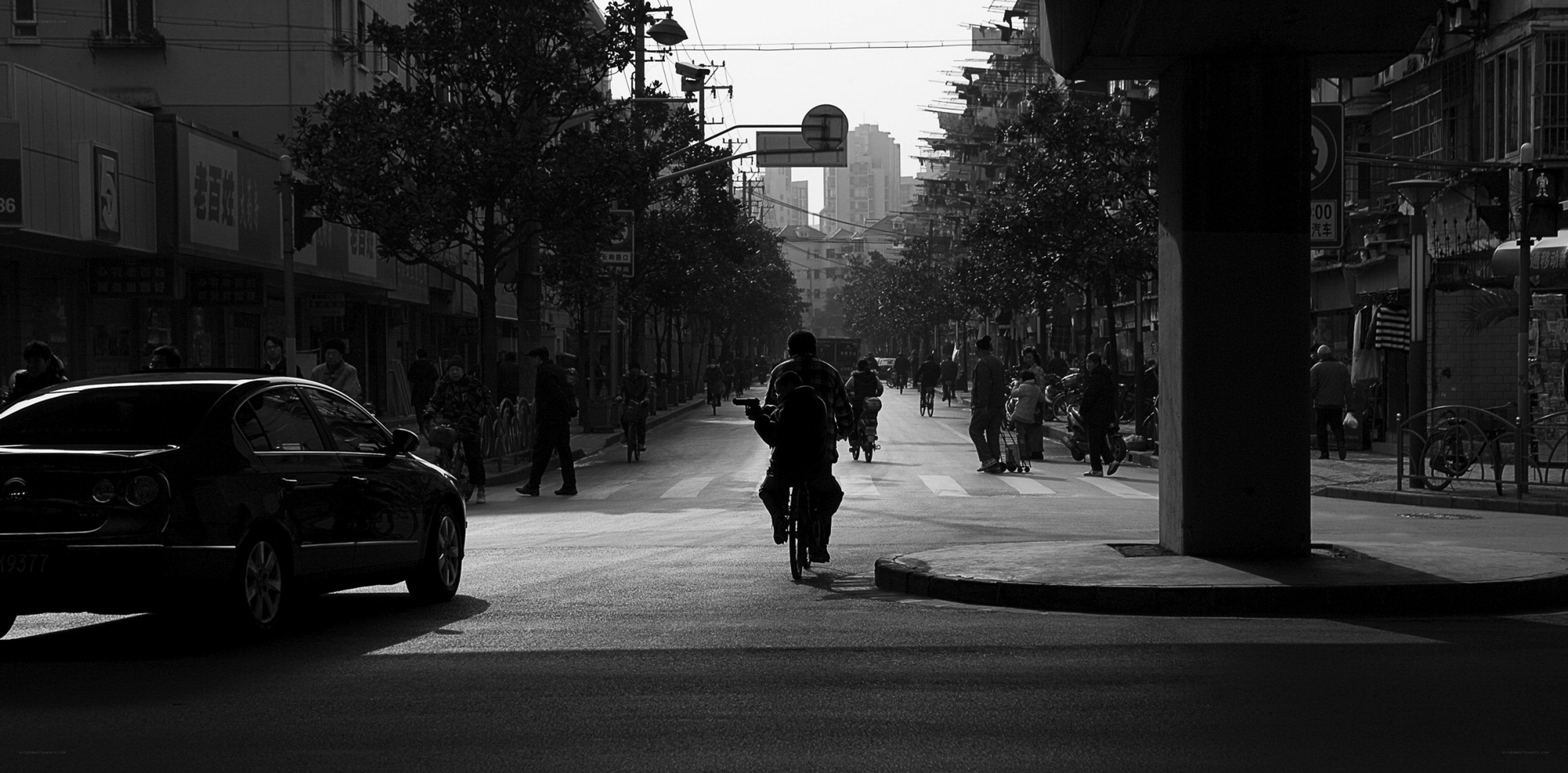 Black and white street scene