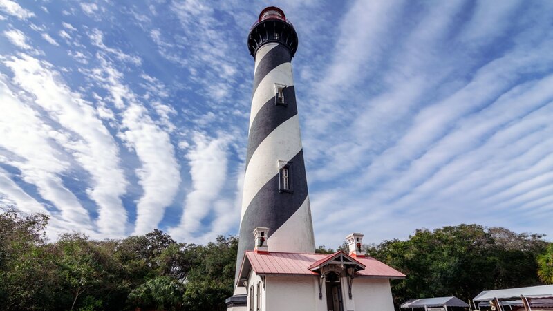 Black-and-white Striped Lighthouse — Blue, Serene