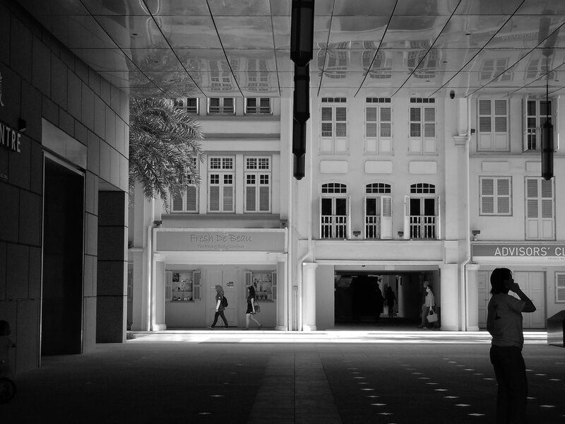 Black and white urban street scene