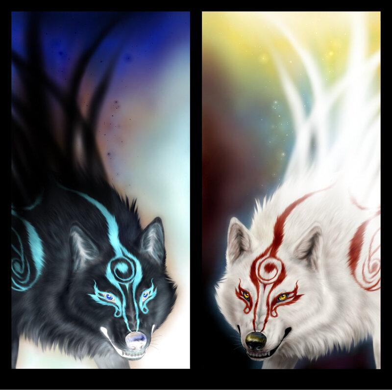 Black and white wolf spirits