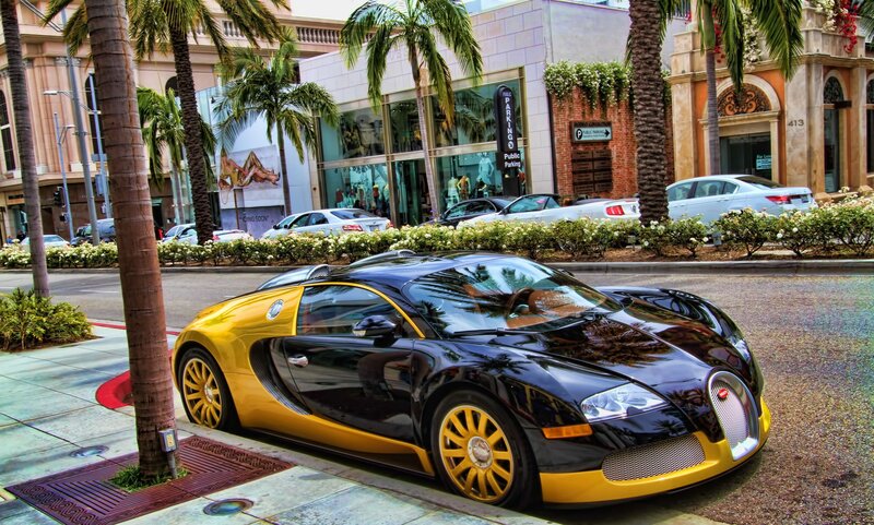 Black and Yellow Bugatti — Urban, Afternoon, Photograph, Car, Palm Tree