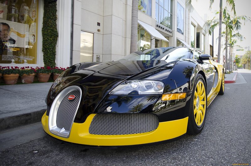 Black and Yellow Bugatti — Urban, Afternoon, Photograph, Car, Palm Trees