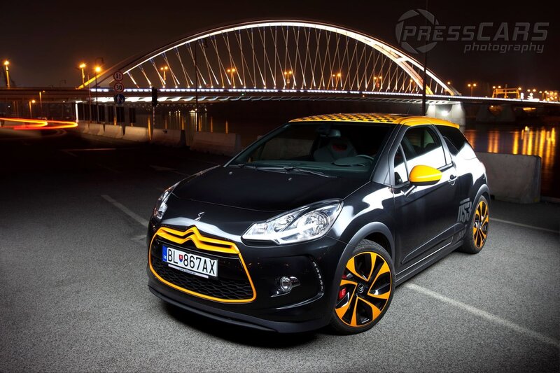 black and yellow citroen ds3 at night