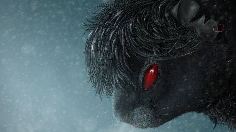 black animal with red eyes