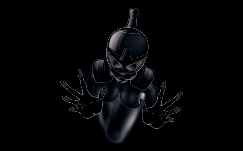 black armored figure reaching forward