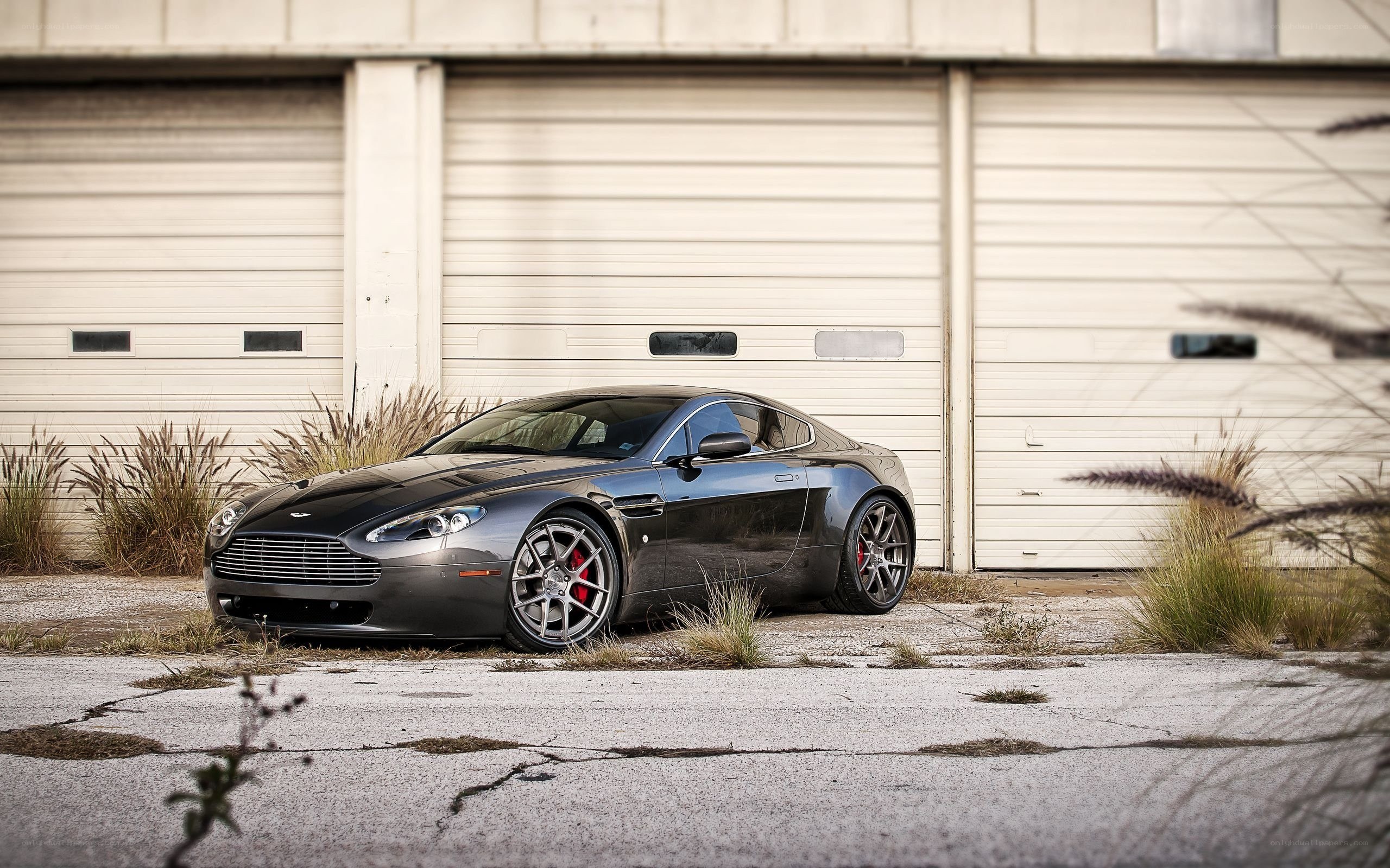 Black Aston Martin in front of garage