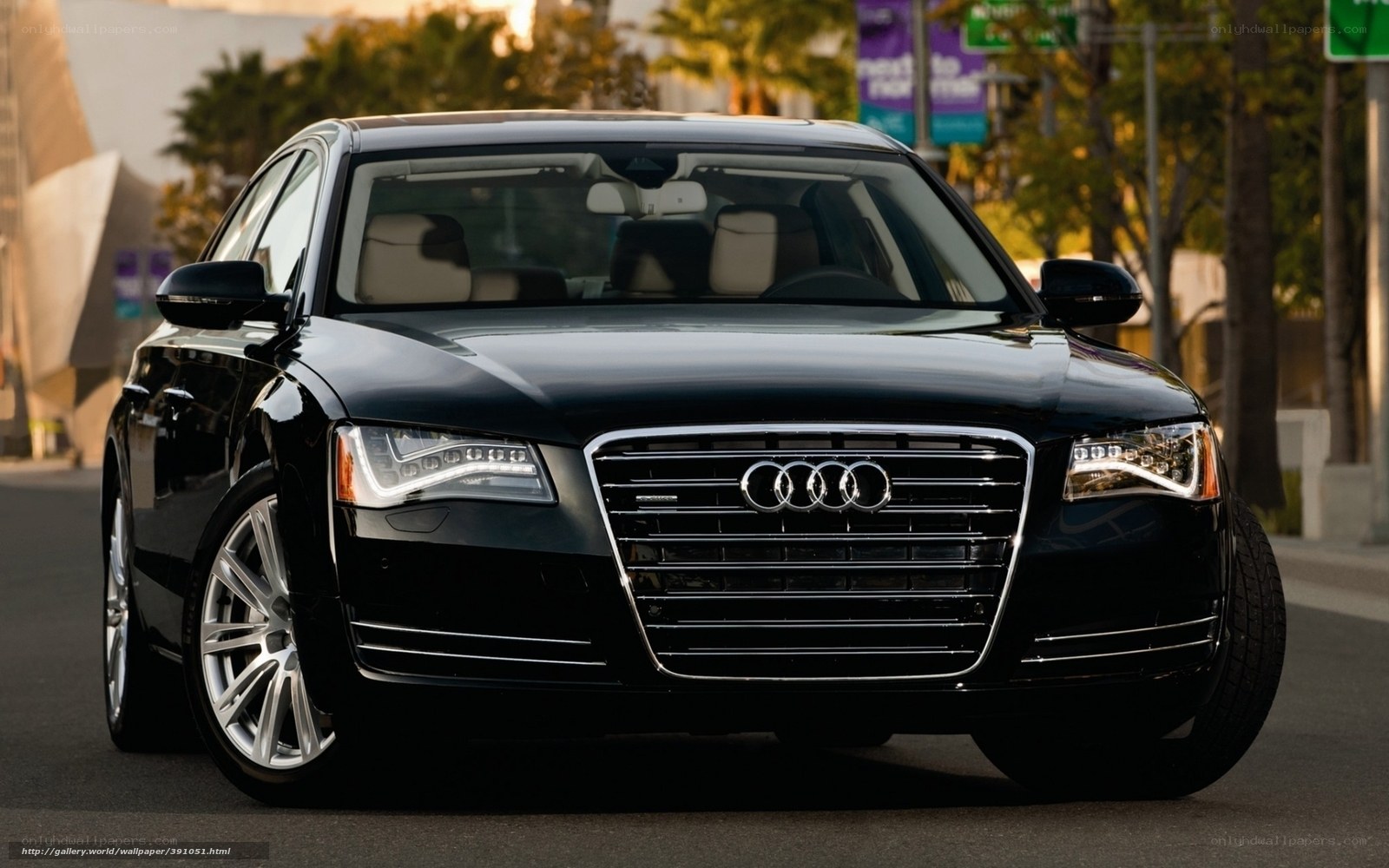 Black Audi A8 on city street