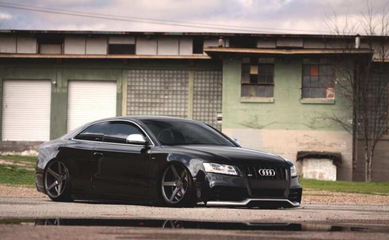 Black Audi Coupe — Dramatic, Afternoon, Photograph, Building, Tree, Garage Doors