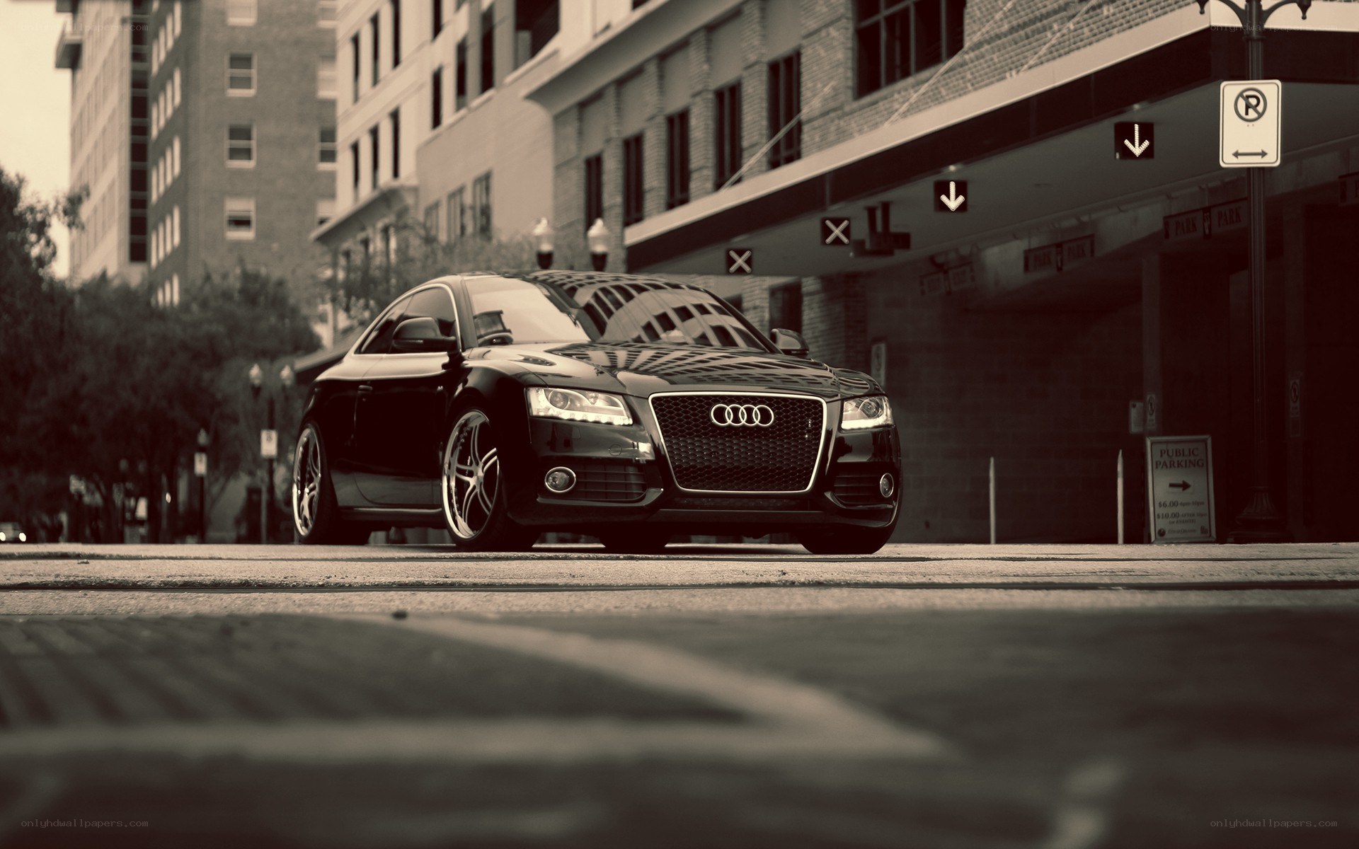Black Audi on city street