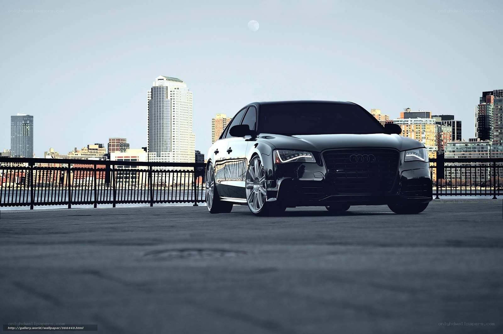 Black Audi on city waterfront