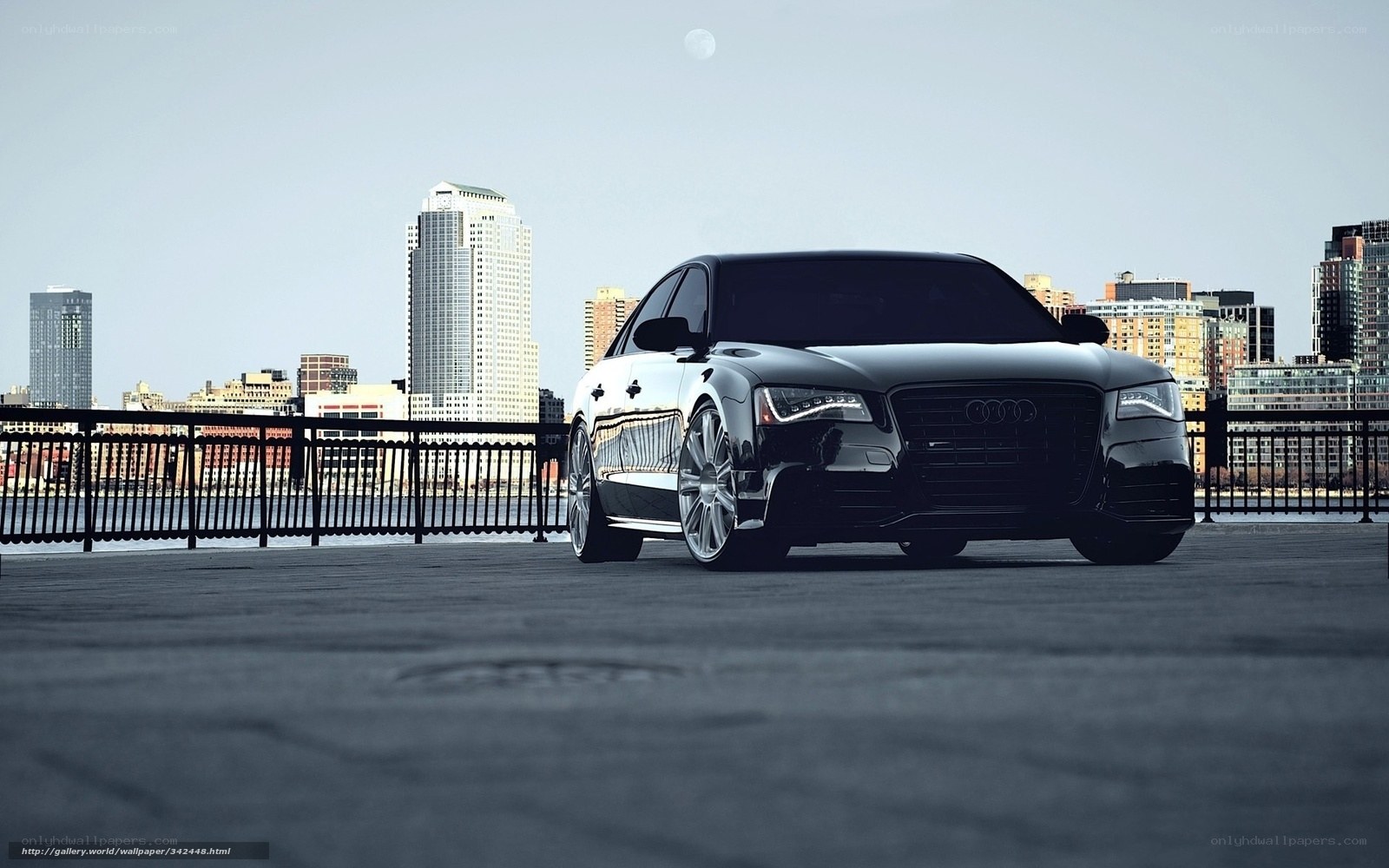 Black Audi on city waterfront