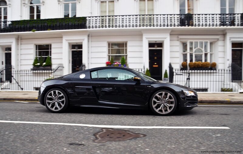 Black Audi R8 on a city street