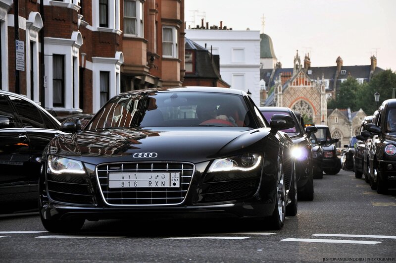 Black Audi R8 on a city street