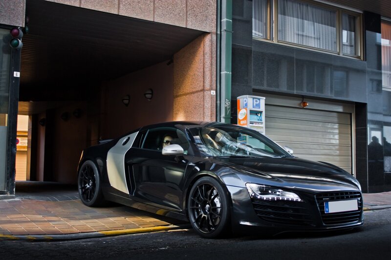 Black Audi R8 on city street