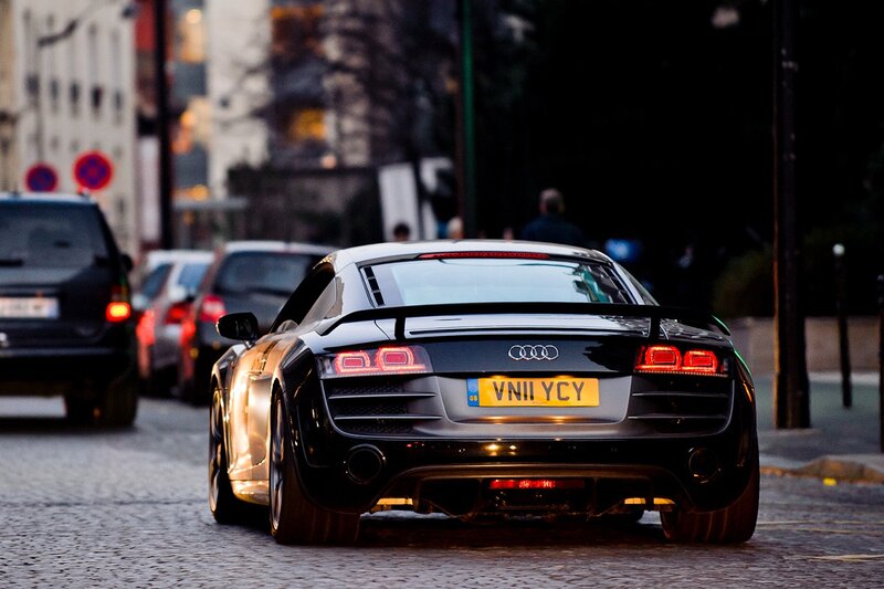 Black Audi R8 on city street