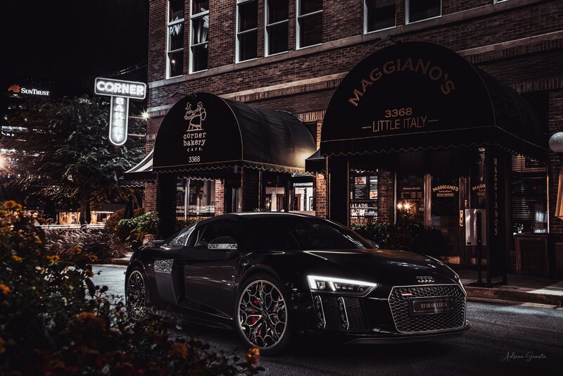 Black Audi R8 Sports Car — Dramatic, Night, Photograph, Building