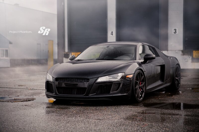 Black Audi R8 Sports Car — Dramatic, Photograph, Wet Pavement