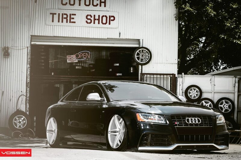 Black Audi S5 at tire shop