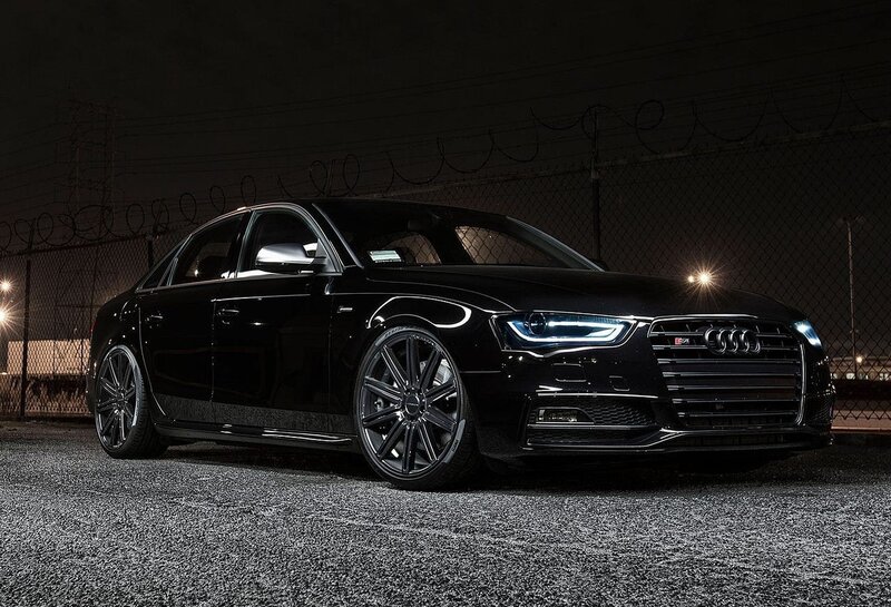 Black Audi Sedan — Dramatic, Night, Photograph, Fence, Lights, Gravel