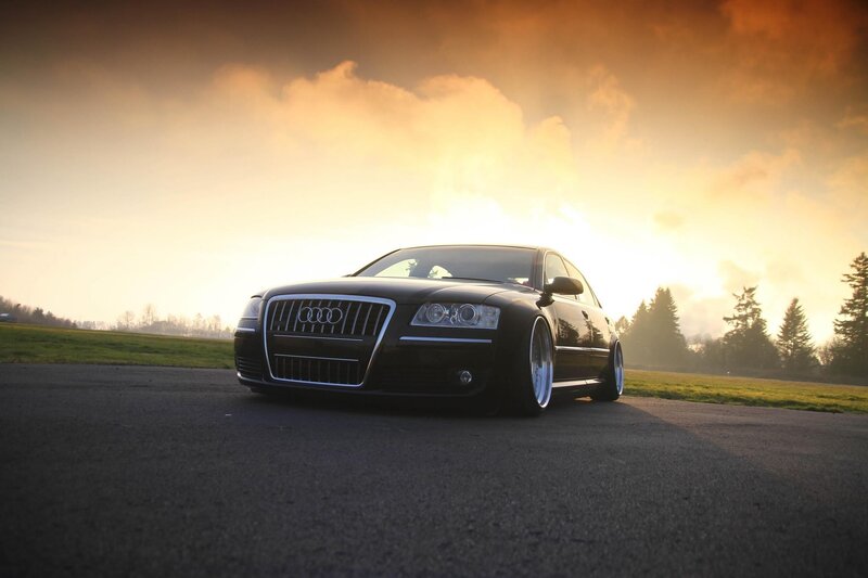 Black Audi Sedan — Dramatic, Sunset, Photograph, Car, Road