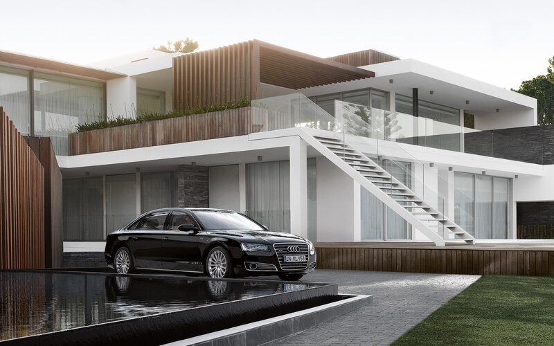 Black Audi sedan in modern home