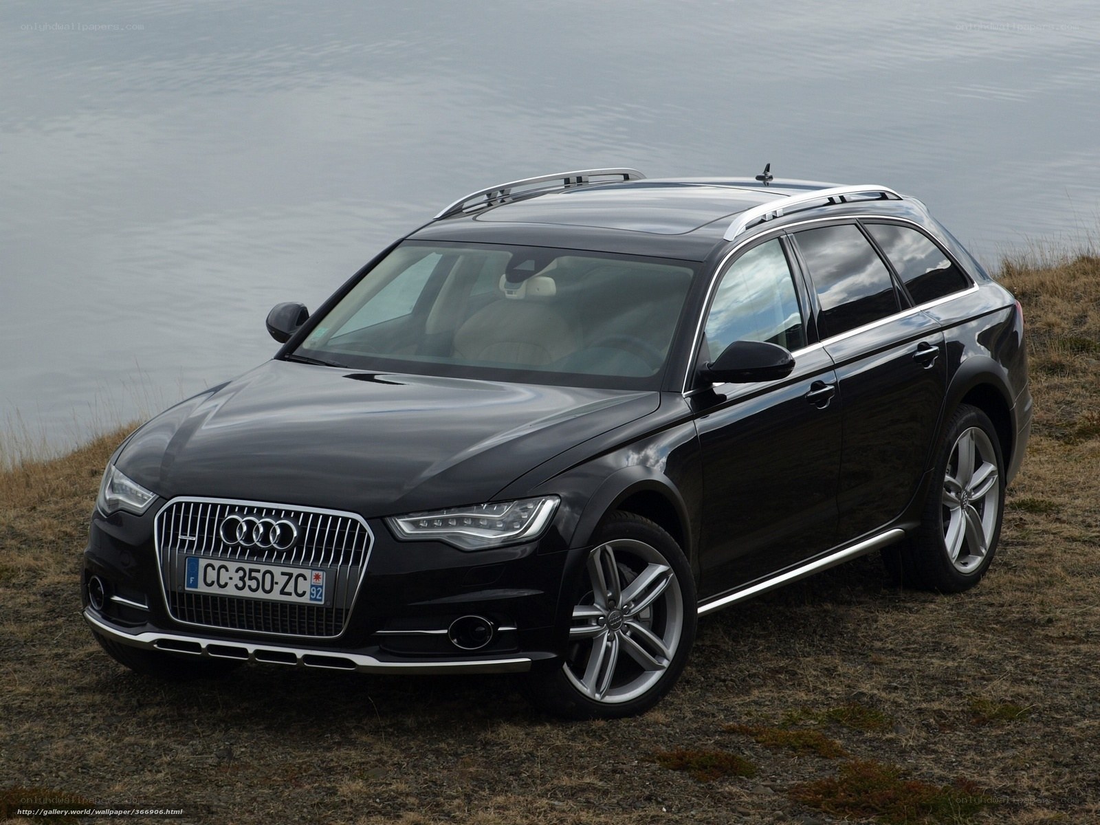 Black Audi station wagon by water