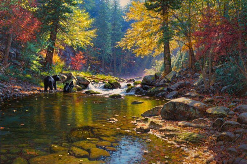 Black Bear Family by Stream