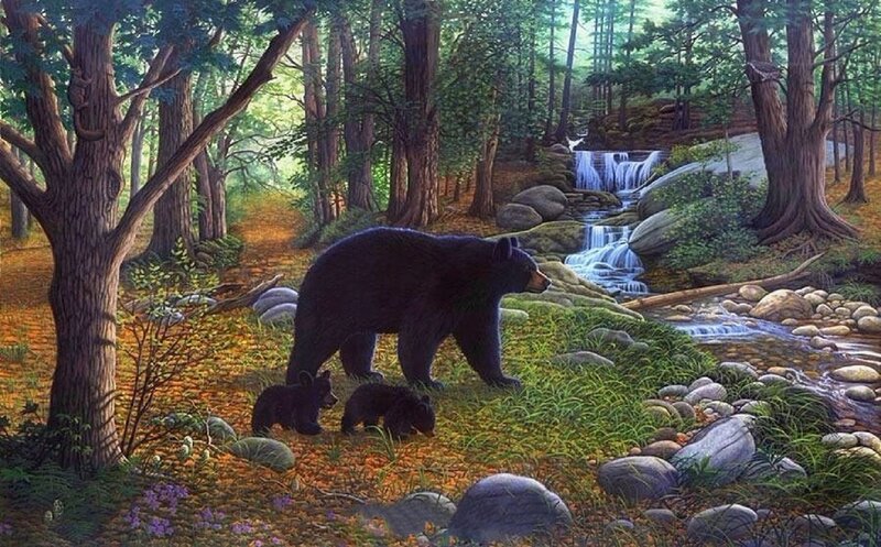 Black Bear Family — Green, Serene, Afternoon, Painting, Cubs