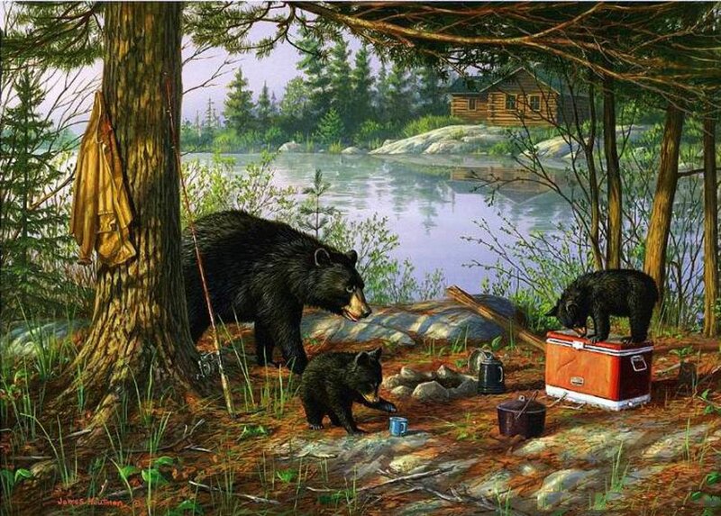 Black Bear Family — Green, Serene, Afternoon, Painting