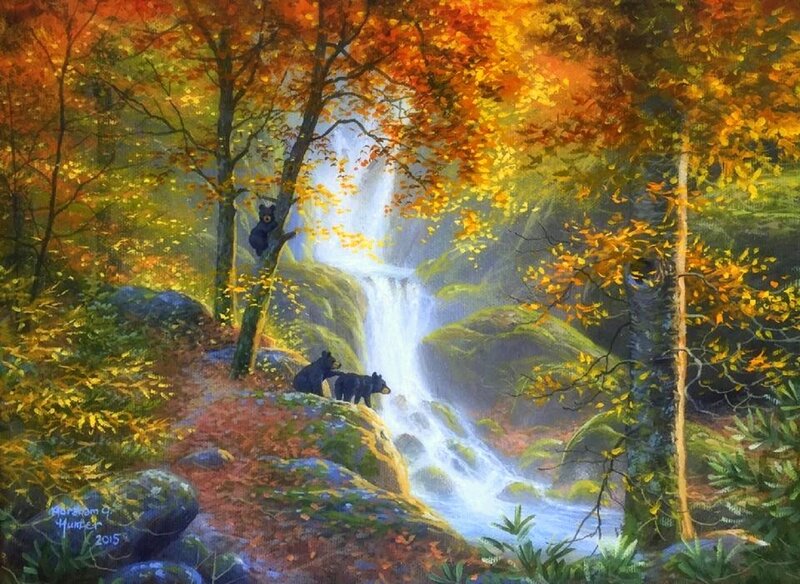 Black Bear Family Near Waterfall