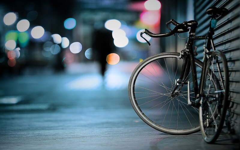 Black Bicycle on Sidewalk — Blue, Moody