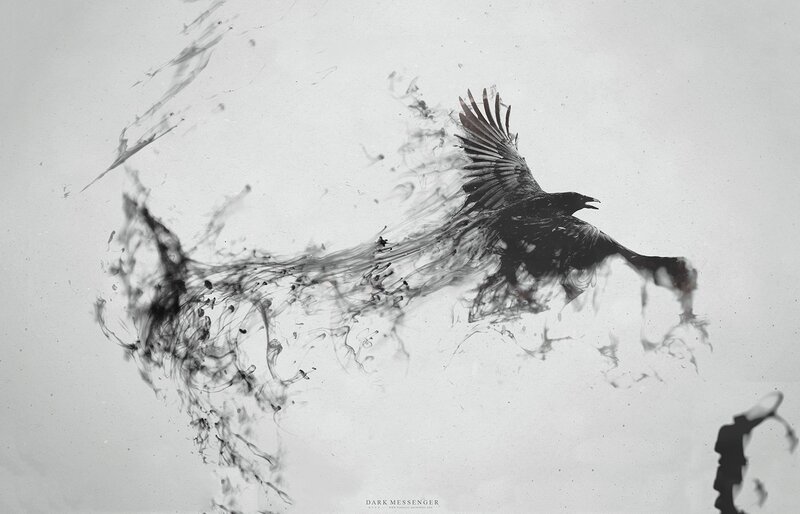 Black Bird in Flight — Dramatic, Digital Art, Ink Splatter