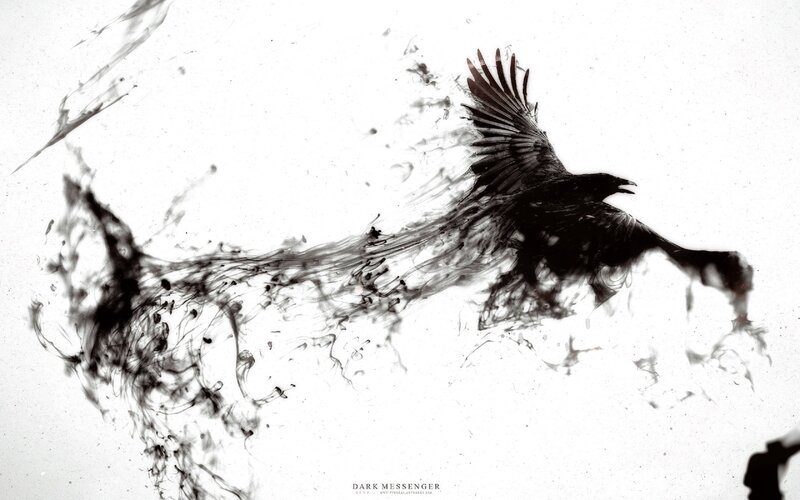 Black Bird in Flight — Dramatic, Digital Art, Ink Splatter, White Background