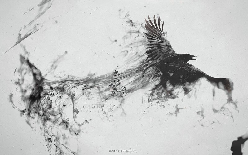 Black Bird in Flight — Dramatic, Digital Art, Ink