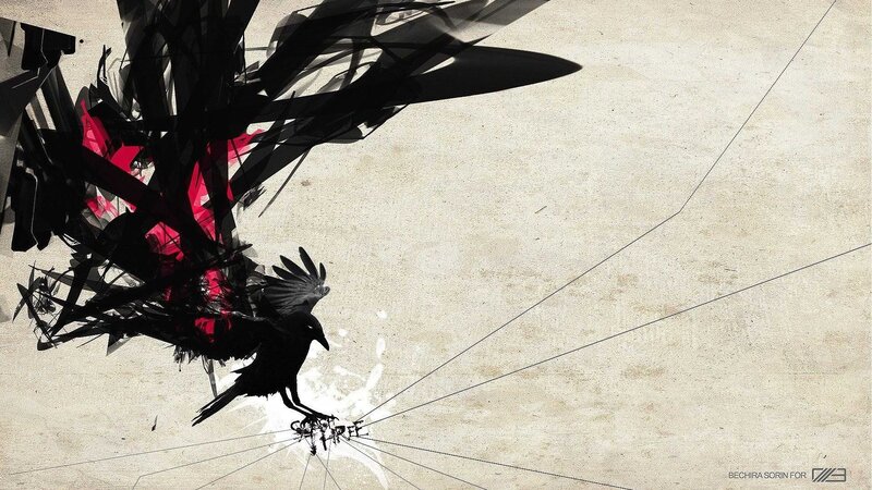 Black Bird in Flight — Dramatic, Digital Art, Red Splatter