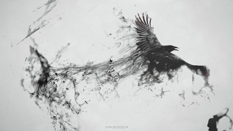Black Bird in Flight — Dramatic, Digital Art, Smoke, Ink, Silhouette