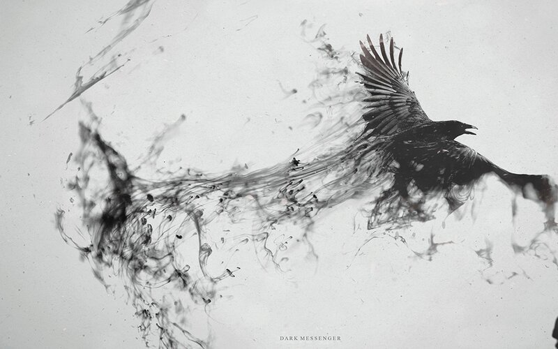 Black Bird in Flight — Dramatic, Digital Art, Smoke, Ink