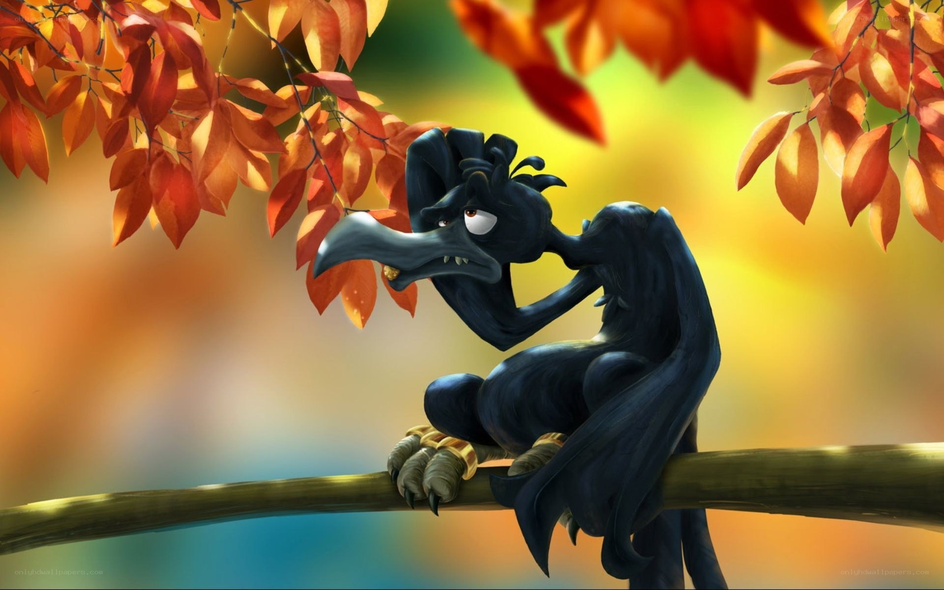 black bird on autumn branch
