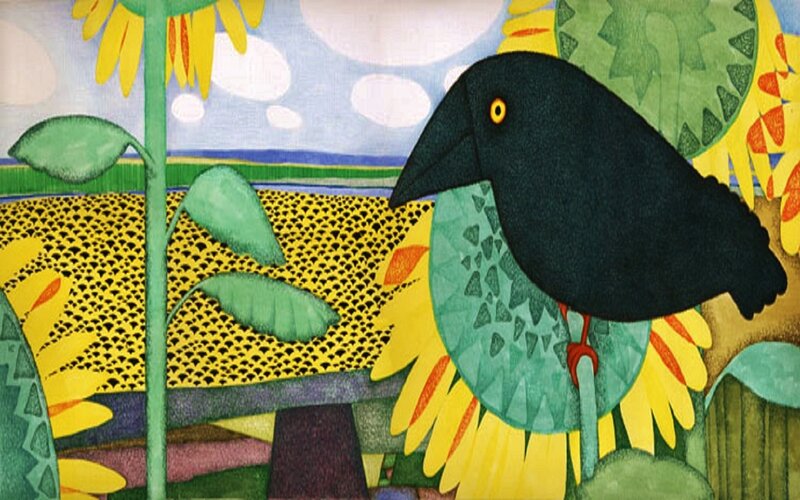 Black Bird on Sunflower — Yellow