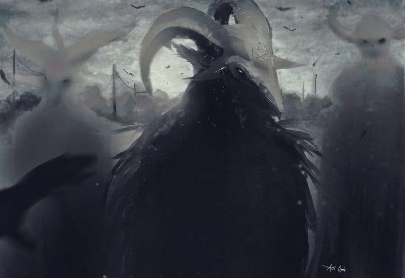 Black Bird with Ram Skull