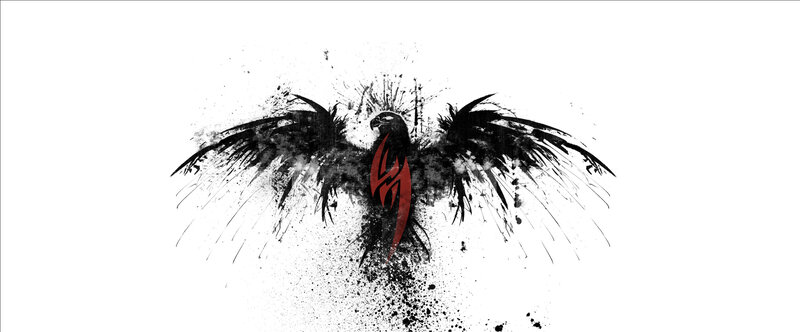 black bird with red symbol