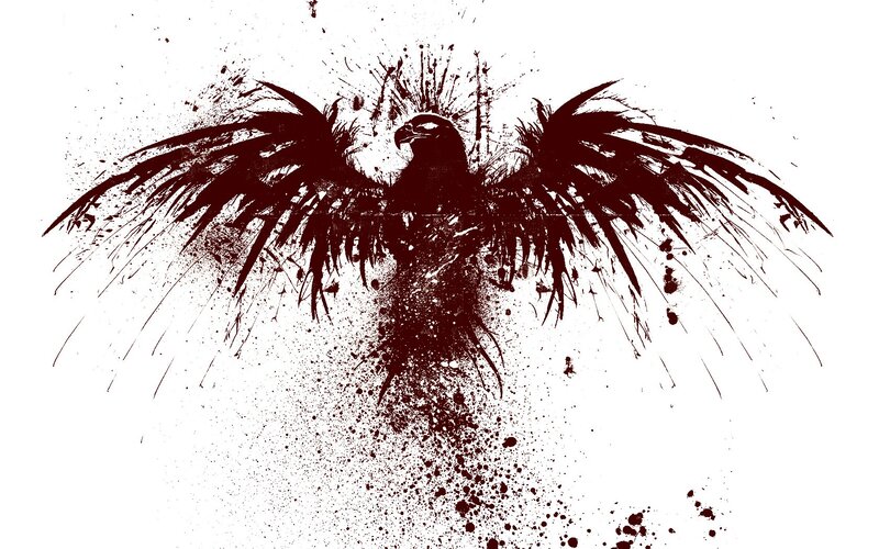 Black Bird with Spread Wings — Dramatic, Digital Art, Splatter, White Background