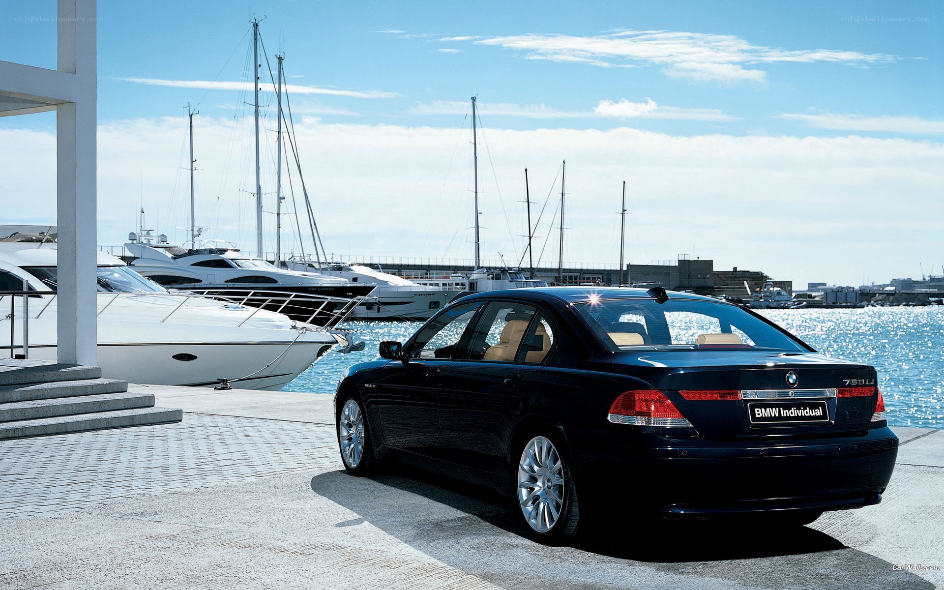 Black BMW at marina